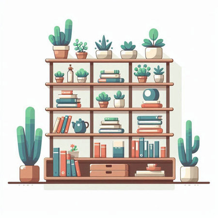 Bookshelf with books and cacti. Vector illustration.のイラスト素材