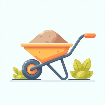 Wheelbarrow with soil and leaves. Flat design vector illustration.のイラスト素材