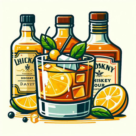 Whiskey with ice, orange and mint. Vector illustration.のイラスト素材