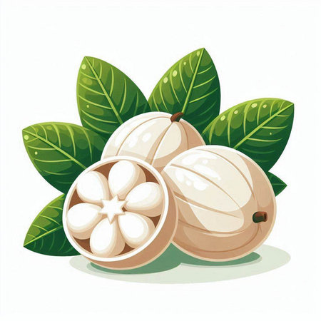 Fresh sapodilla fruit with green leaves isolated on white background.のイラスト素材