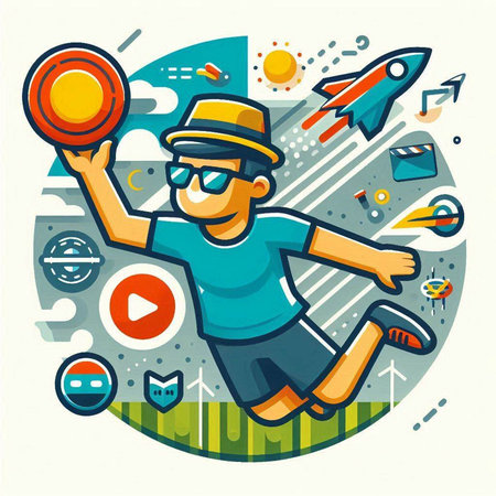 Vector illustration of a young man playing soccer on the field. Flat style design.のイラスト素材