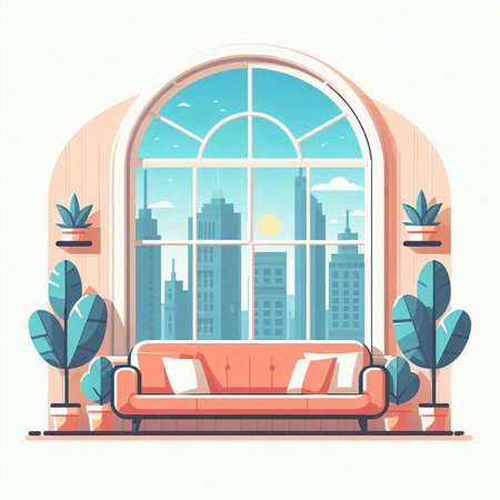 Living room interior with window, sofa and plants. Flat vector illustration.のイラスト素材