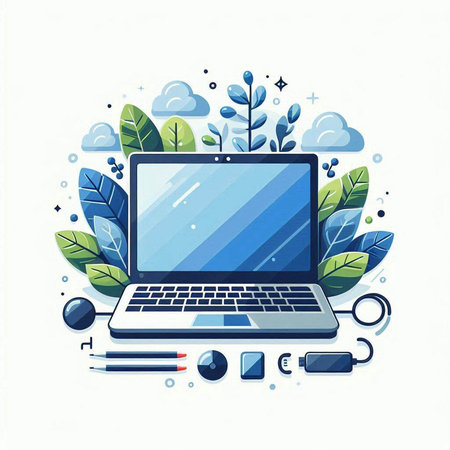 Vector illustration of a laptop with a set of accessories and plants.のイラスト素材