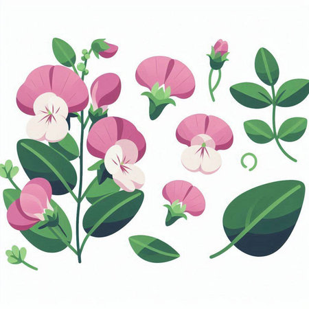 Illustration of a set of flowers and leaves on a white backgroundのイラスト素材