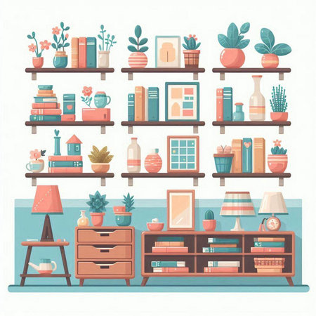 Set of bookshelves with different home related objects. Vector illustration.のイラスト素材