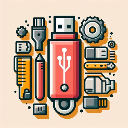 Vector illustration of red USB flash drive with different electronic components on light background.のイラスト素材