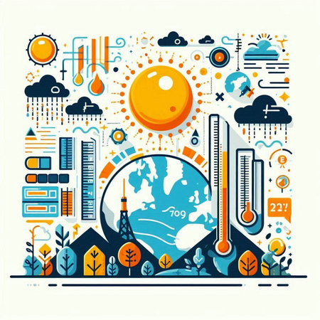 Vector illustration of global warming and climate change concept with thermometer, sun, earth, trees, clouds, sun, wind and sun.のイラスト素材