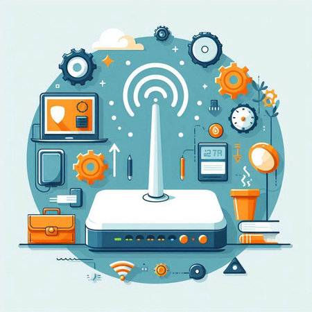 Internet connection concept with wireless router, smartphone and other devices. Vector illustrationのイラスト素材
