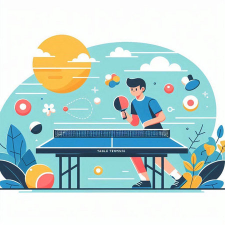 Table tennis flat vector illustration. Young man playing table tennis on sunny day.のイラスト素材