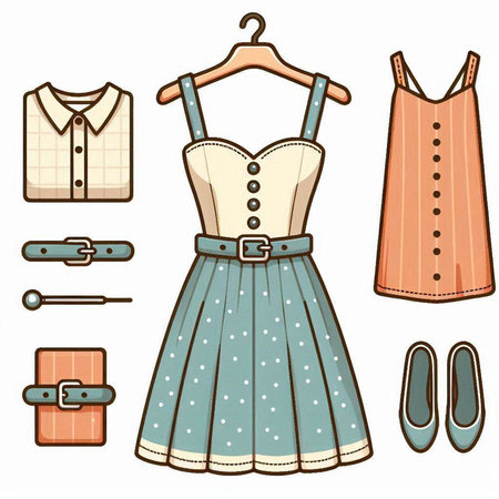 Vector set of women's clothing and accessories on a white background.のイラスト素材