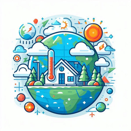 Vector illustration in flat linear style - global warming, climate change concept.のイラスト素材