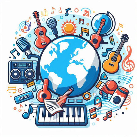 Music and instruments. Colorful vector illustration in cartoon style with earth globe and musical instrumentsのイラスト素材