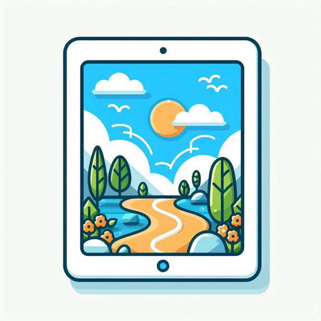 Smartphone with nature landscape on screen. Vector illustration in flat styleのイラスト素材