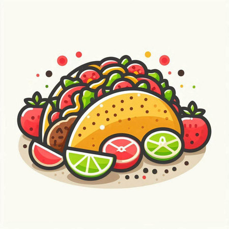 Taco with lime and strawberries. Mexican food. Vector illustration.のイラスト素材