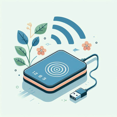 Smartphone charging with USB cable and flowers. Isometric vector illustration.のイラスト素材