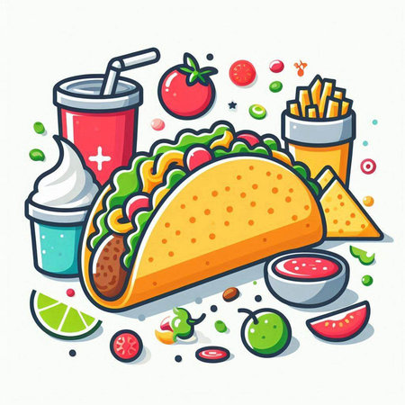 Mexican fast food vector illustration. Taco, fries, cola, soda, guacamoleのイラスト素材