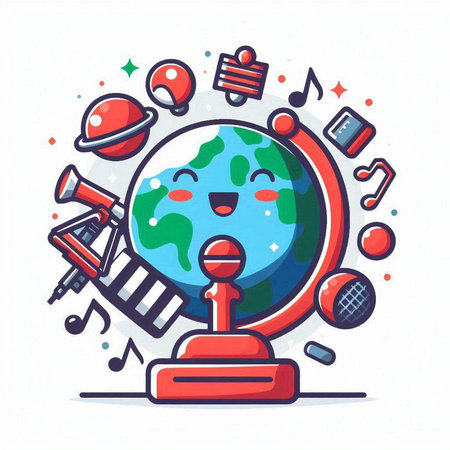 Cute cartoon Earth globe character with various school supplies. Vector illustration.のイラスト素材