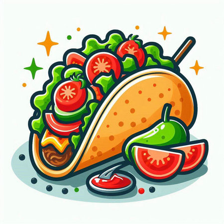 Illustration of a taco with tomato and cucumber on white backgroundのイラスト素材