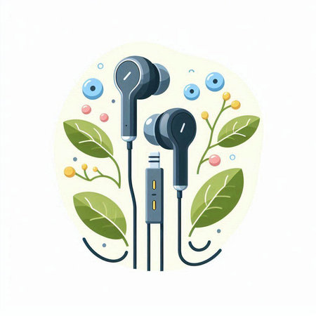 Earphones with green leaves. Vector illustration in flat cartoon style.のイラスト素材