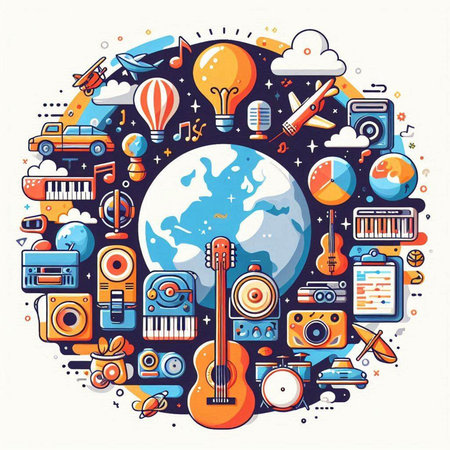 Colorful vector illustration of music and entertainment around the world. Round compositionのイラスト素材
