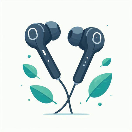 Earphones with green leaves. Vector illustration in flat cartoon style.のイラスト素材