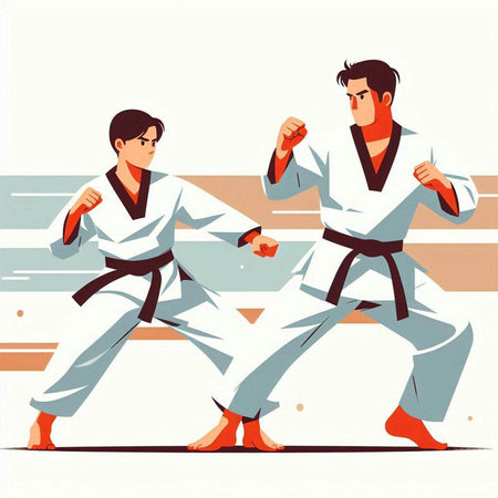 Taekwondo training. Vector illustration in flat cartoon style.のイラスト素材