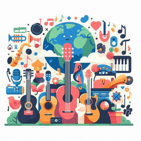 Vector illustration of flat design music concept with musical instruments and planet earth.のイラスト素材