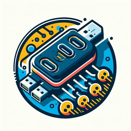 Vector illustration of USB flash drive on circle background. Technology concept.のイラスト素材