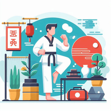 Taekwondo training vector illustration. Cartoon karate man in kimono training in the gym.のイラスト素材