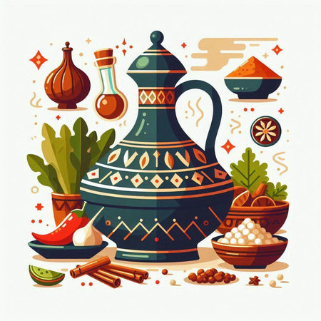 Indian cuisine vector illustration. Traditional indian food and spices in clay jug.のイラスト素材