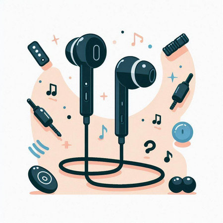 Wireless headphones and music notes. Vector illustration in flat style.のイラスト素材