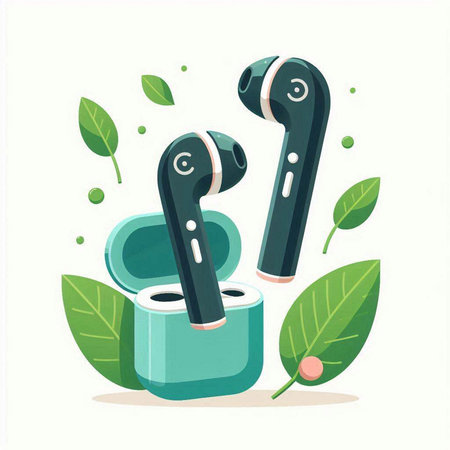 Wireless headphones with green leaves. Vector illustration in flat style.のイラスト素材