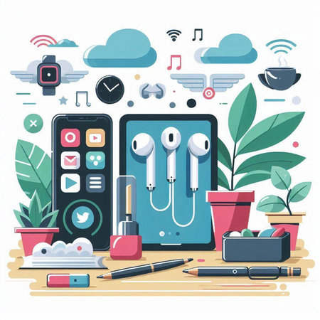 Smartphone with earphones, headphones, mobile phone, smartwatch, coffee cup, stationery, notebook. Flat style vector illustration.のイラスト素材