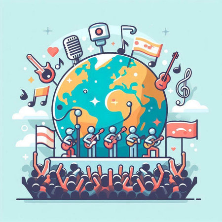 Vector illustration of a crowd of people with hands up on the background of the globe.のイラスト素材