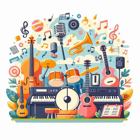 Music background with instruments. Vector illustration in flat cartoon style. Music conceptのイラスト素材