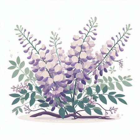 Wisteria flowers and leaves on white background. Vector illustration.のイラスト素材
