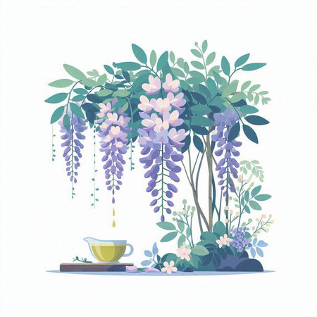 Wisteria flowers and a cup of tea. Vector illustration.のイラスト素材