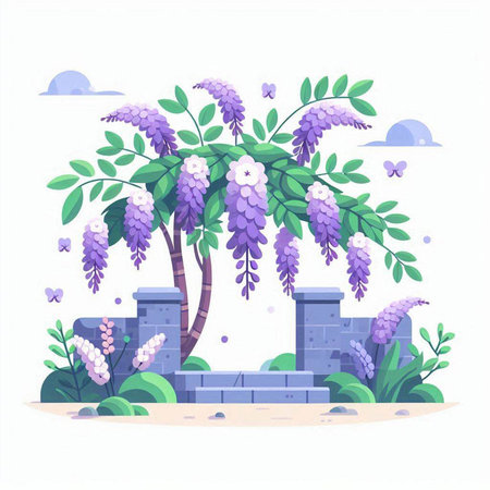 Wisteria flowers on the island. Vector illustration in flat styleのイラスト素材
