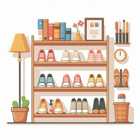 Shelves with different shoes and accessories. Vector illustration in flat styleのイラスト素材