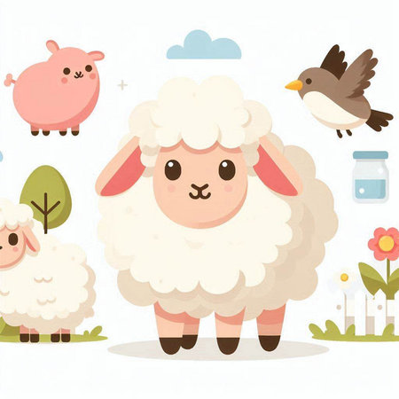 Sheep and birds in the farm. Cute cartoon vector illustration.のイラスト素材