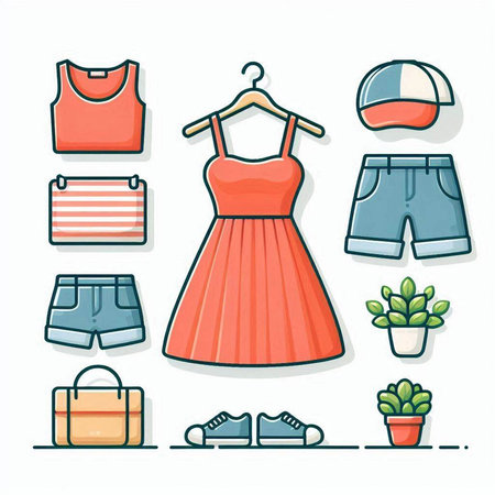 Clothing and accessories icons set in flat style. Vector illustration.のイラスト素材