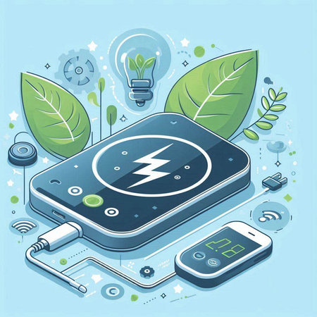 Smartphone charging battery on the background of green plants. Vector illustrationのイラスト素材