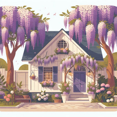 Wisteria blooming in front of the house, vector illustrationのイラスト素材