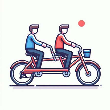 Man riding a bike with his friend. Vector illustration in flat styleのイラスト素材