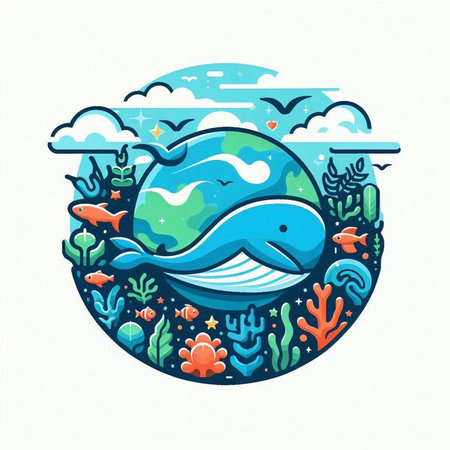 Vector illustration of a whale swimming in the sea, surrounded by seaweed and fish.のイラスト素材