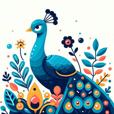 Peacock and flowers. Colorful vector illustration in flat style.のイラスト素材