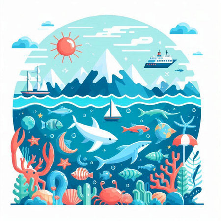 Sea landscape with fish, seagulls, anchor, lighthouse, starfish, seaweed, starfish and other elements. Vector illustrationのイラスト素材
