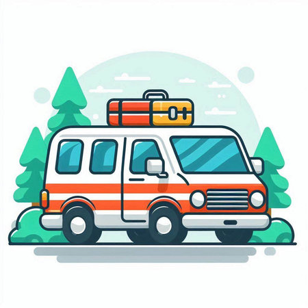 Van with luggage on the road. Vector illustration in flat style.のイラスト素材