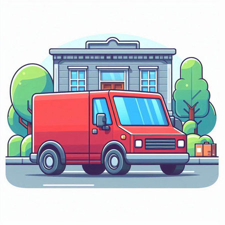 Vector illustration of a red delivery van in front of a house.のイラスト素材