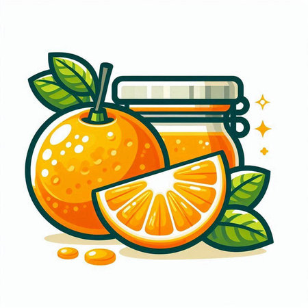 Orange juice in glass jar with orange slice and leaves isolated on white background. Vector illustration.のイラスト素材